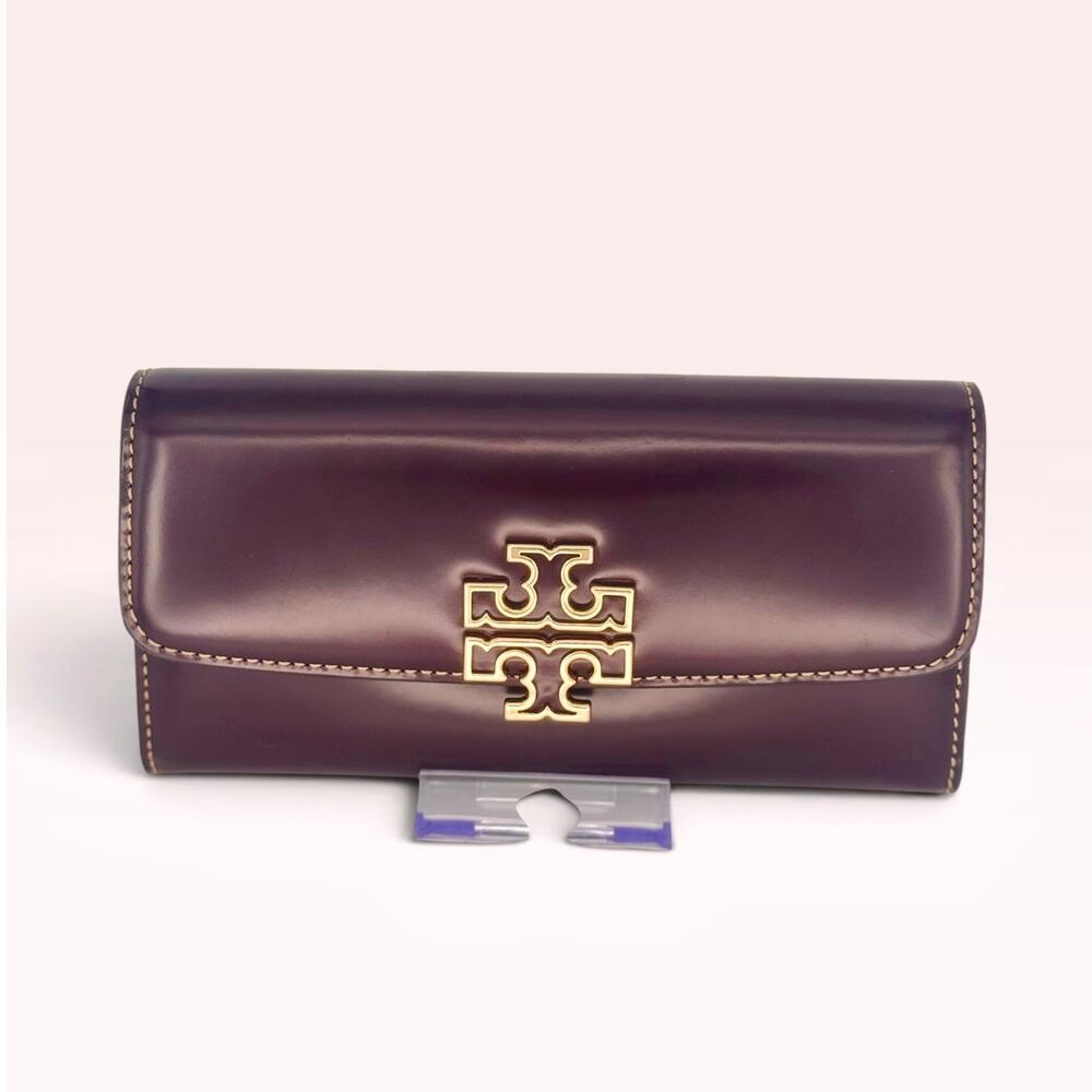 $320 Tory Burch Britten Flap Envelope Wallet Tempranillo Brown Leather